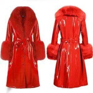 💥SHOWSTOPPER💥Leather Coat with Oversized Fur Collar in Shiny Scarlet Red